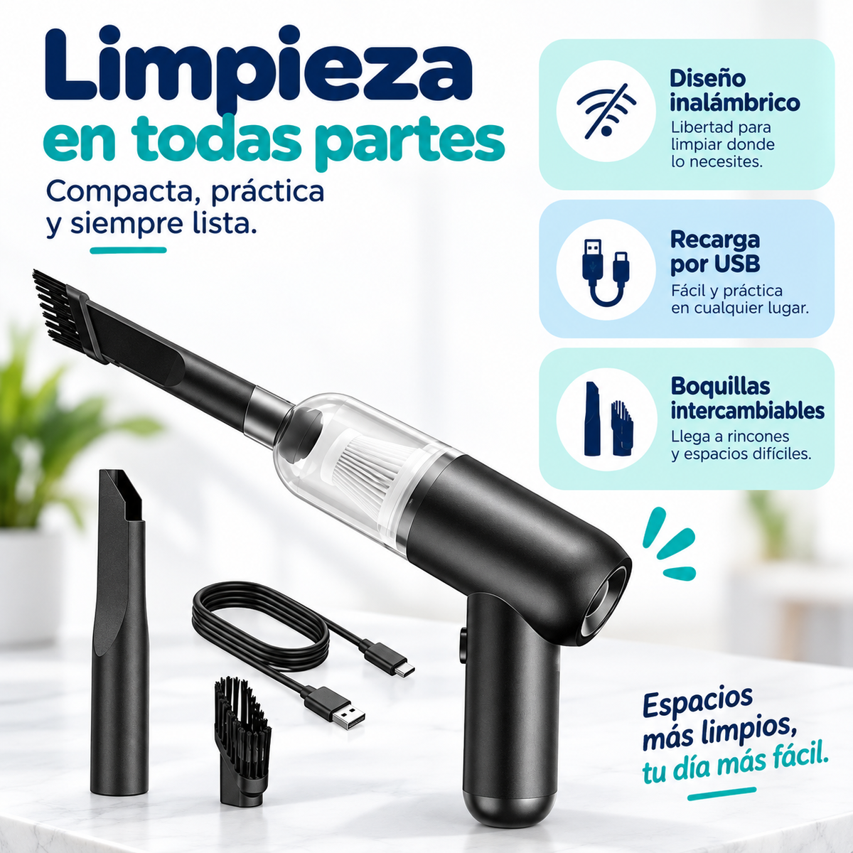Aspiradora Portátil Inalámbrica para Carro y Hogar